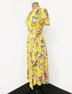 Yellow & Purple Iris Floral Print Tea Length Cascade Wrap Dress