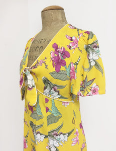 Retro Yellow & Purple Iris Print Mai Tai Knee Length Dress - FINAL SALE