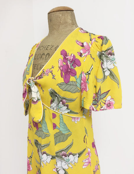 Retro Yellow & Purple Iris Print Mai Tai Knee Length Dress - FINAL SALE