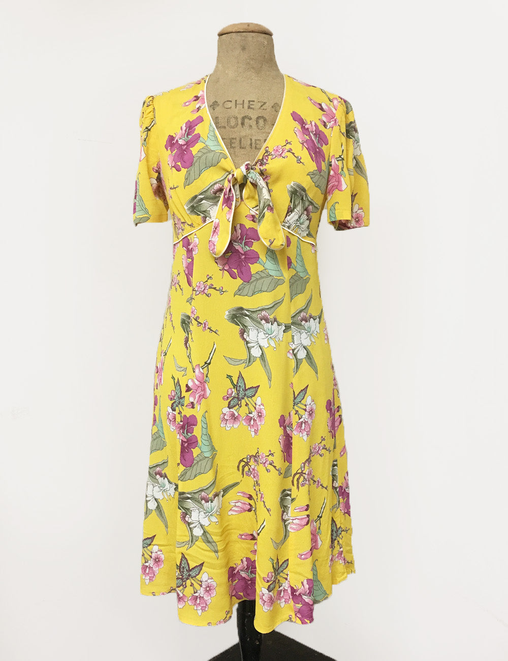 Retro Yellow & Purple Iris Print Mai Tai Knee Length Dress - FINAL SALE