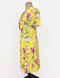 Retro Yellow & Purple Iris Print Mai Tai Knee Length Dress - FINAL SALE
