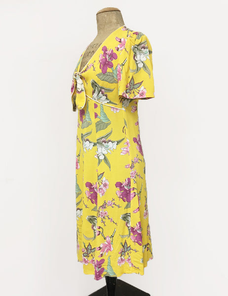 Retro Yellow & Purple Iris Print Mai Tai Knee Length Dress - FINAL SALE