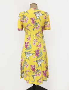 Retro Yellow & Purple Iris Print Mai Tai Knee Length Dress - FINAL SALE