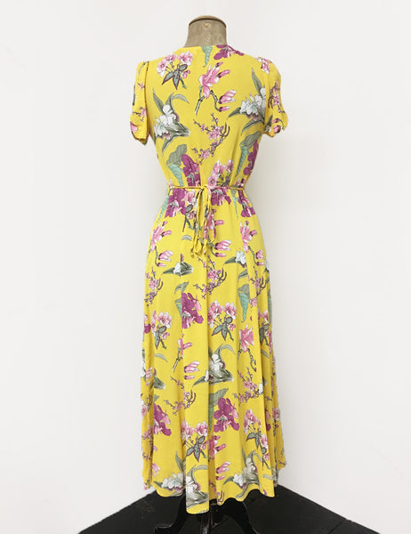 Yellow & Purple Iris Floral Vintage Inspired Tea Length Rita Dress