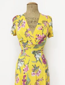 Yellow & Purple Iris Floral Vintage Inspired Tea Length Rita Dress