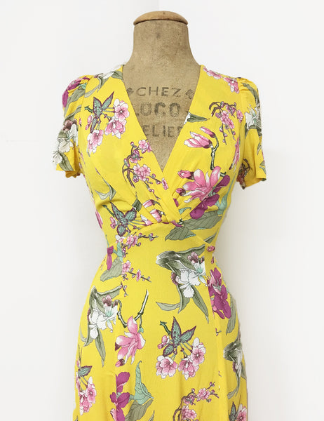 Yellow & Purple Iris Floral Vintage Inspired Tea Length Rita Dress