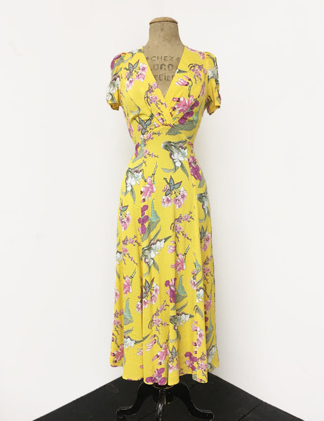 Yellow & Purple Iris Floral Vintage Inspired Tea Length Rita Dress