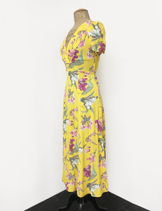 Yellow & Purple Iris Floral Vintage Inspired Tea Length Rita Dress