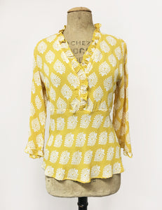 Yellow & White Turtle Stamp Print Ruffle Fitted Femme Blouse - FINAL SALE