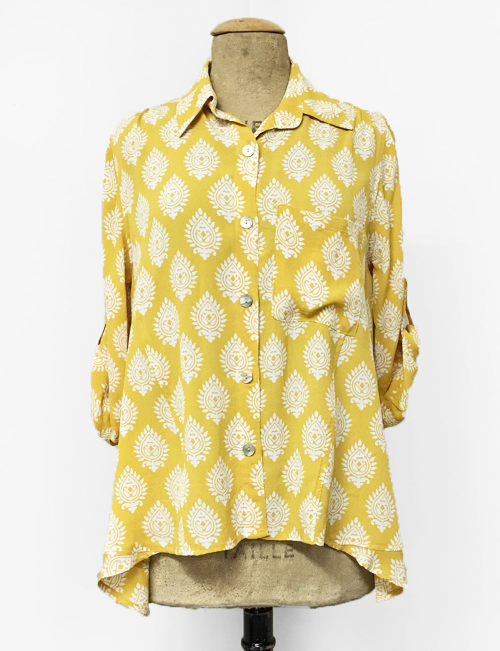 Yellow Turtle Stamp Print Button Up Hi-Low Blouse