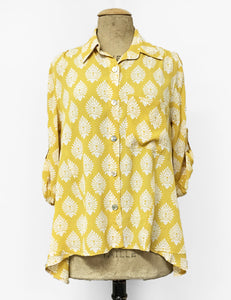 Yellow Turtle Stamp Print Button Up Hi-Low Blouse