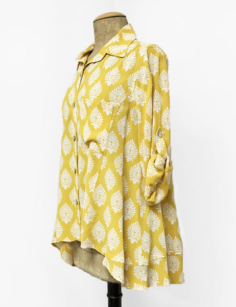 Yellow Turtle Stamp Print Button Up Hi-Low Blouse