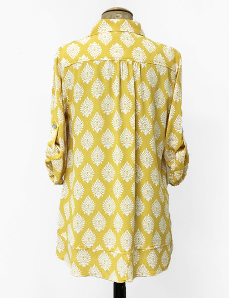 Yellow Turtle Stamp Print Button Up Hi-Low Blouse