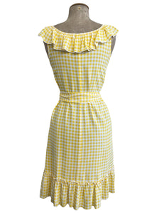 Yellow Gingham Retro Vacation Ruffle Dress With Belt