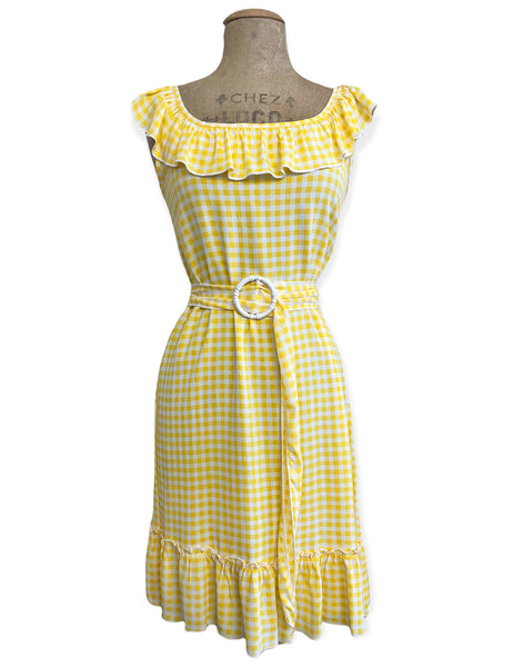 Yellow Gingham Retro Vacation Ruffle Dress With Belt