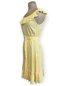 Yellow Gingham Retro Vacation Ruffle Dress With Belt