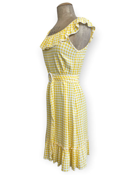 Yellow Gingham Retro Vacation Ruffle Dress With Belt