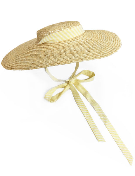 Yellow Seersucker Vintage Style Woven Large Brim Straw Hat