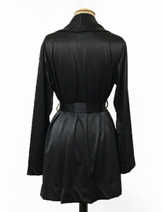 Solid Black Elegant Satin Shawl Collar Kimono Robe