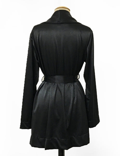 Solid Black Elegant Satin Shawl Collar Kimono Robe