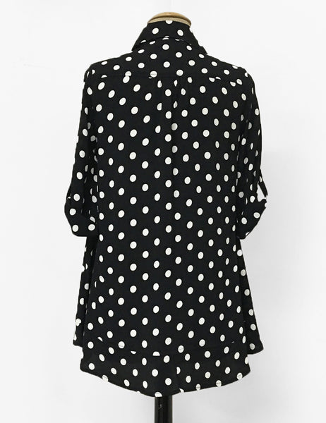 Black & White Big Dot Button Up Collared Hi-Low Blouse - FINAL SALE