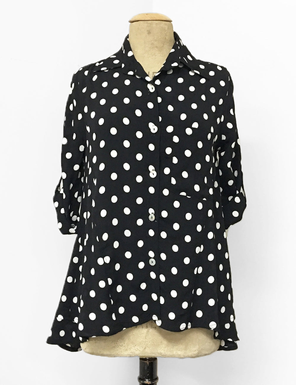 Black & White Big Dot Button Up Collared Hi-Low Blouse - FINAL SALE