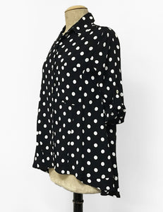 Black & White Big Dot Button Up Collared Hi-Low Blouse - FINAL SALE