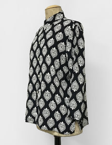 Black & White Retro Turtle Stamp Button Up Mandarin Blouse