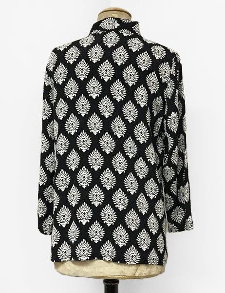 Black & White Retro Turtle Stamp Button Up Mandarin Blouse