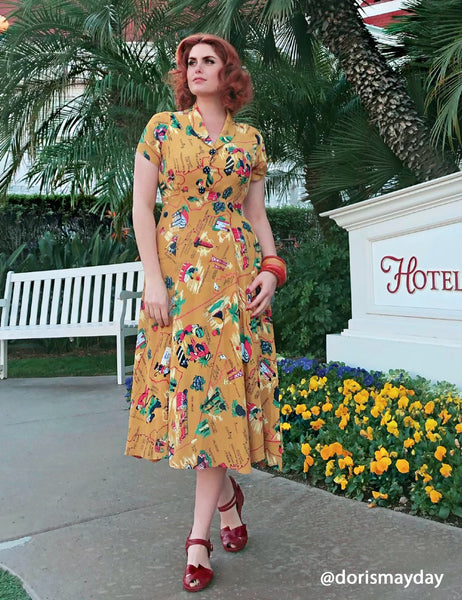1940s Style Mustard Yellow California Map Print Tea Length Day Dress