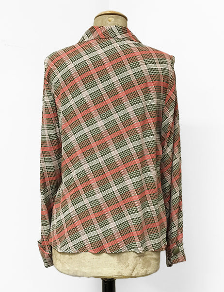 Pink & Green Plaid 1940s Style Button Up Hepburn Blouse - FINAL SALE
