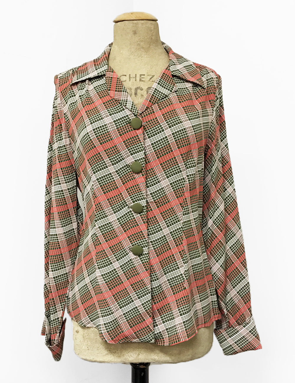 Pink & Green Plaid 1940s Style Button Up Hepburn Blouse - FINAL SALE