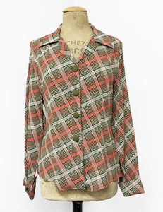 Pink & Green Plaid 1940s Style Button Up Hepburn Blouse - FINAL SALE