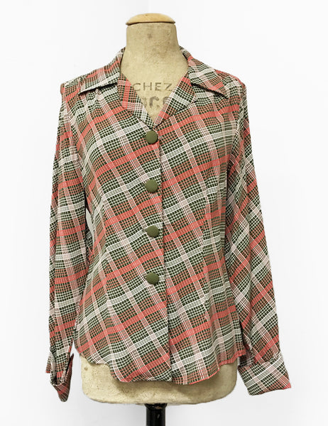 Pink & Green Plaid 1940s Style Button Up Hepburn Blouse - FINAL SALE