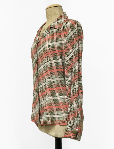Pink & Green Plaid 1940s Style Button Up Hepburn Blouse - FINAL SALE