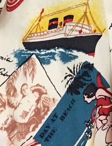 Ivory Vintage Summer Vacation Postcard Print 1940s Marta Halter Swing Dress
