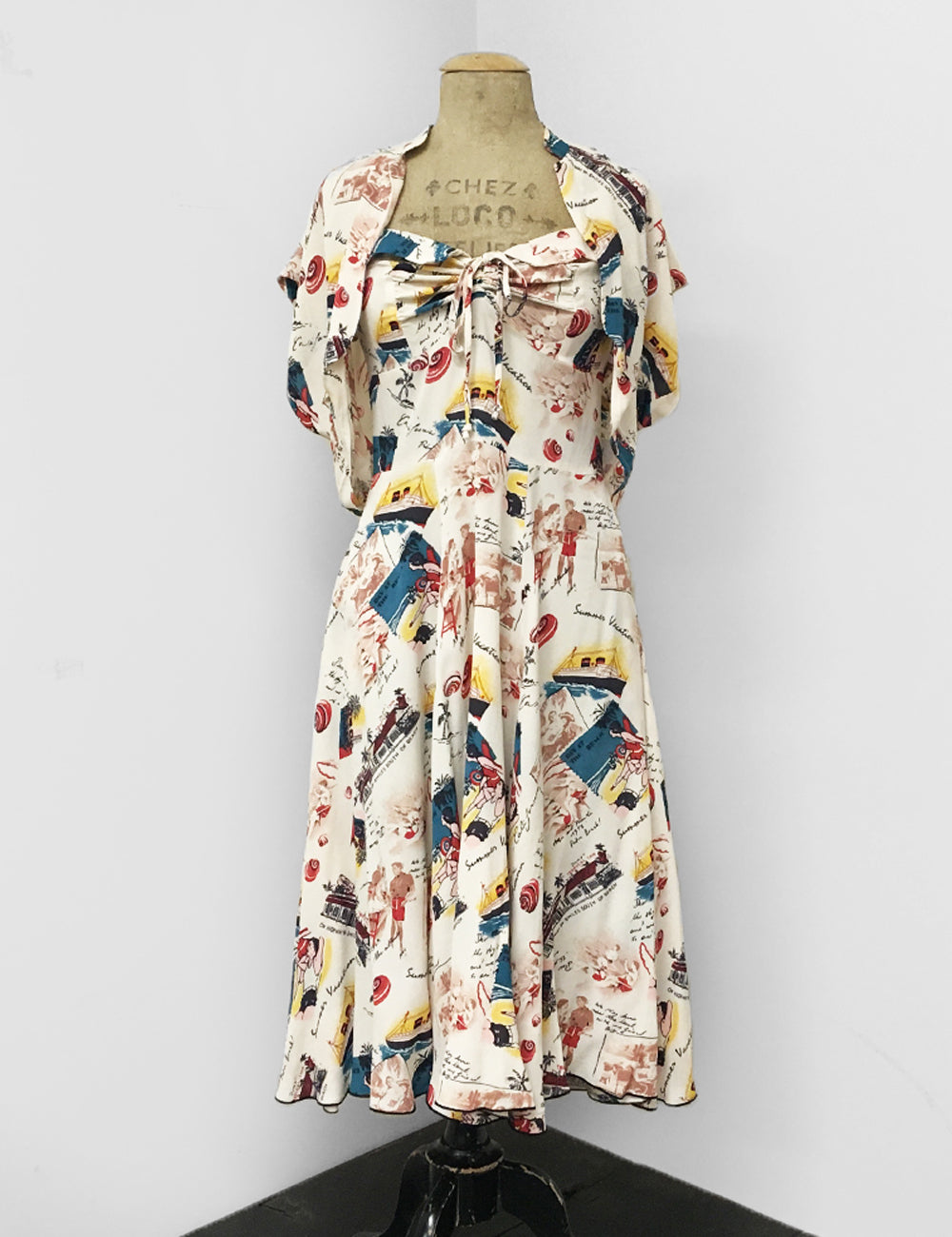 Ivory Vintage Summer Vacation Postcard Print 1940s Marta Halter Swing Dress