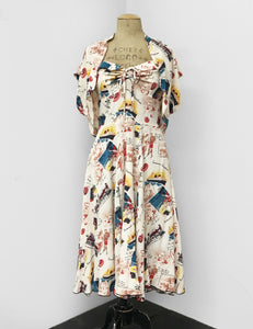 Ivory Vintage Summer Vacation Postcard Print 1940s Marta Halter Swing Dress