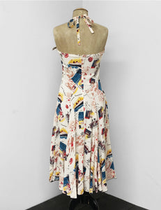 Ivory Vintage Summer Vacation Postcard Print 1940s Marta Halter Swing Dress