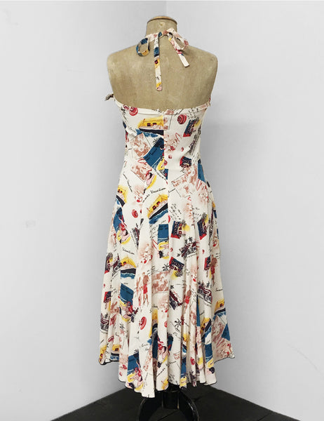 Ivory Vintage Summer Vacation Postcard Print 1940s Marta Halter Swing Dress