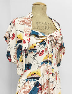 Ivory Vintage Summer Vacation Postcard Print 1940s Marta Halter Swing Dress