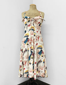 Ivory Vintage Summer Vacation Postcard Print 1940s Marta Halter Swing Dress