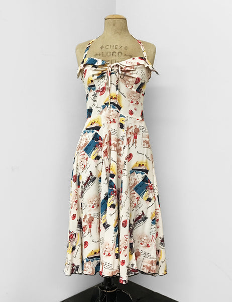 Ivory Vintage Summer Vacation Postcard Print 1940s Marta Halter Swing Dress