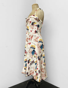 Ivory Vintage Summer Vacation Postcard Print 1940s Marta Halter Swing Dress