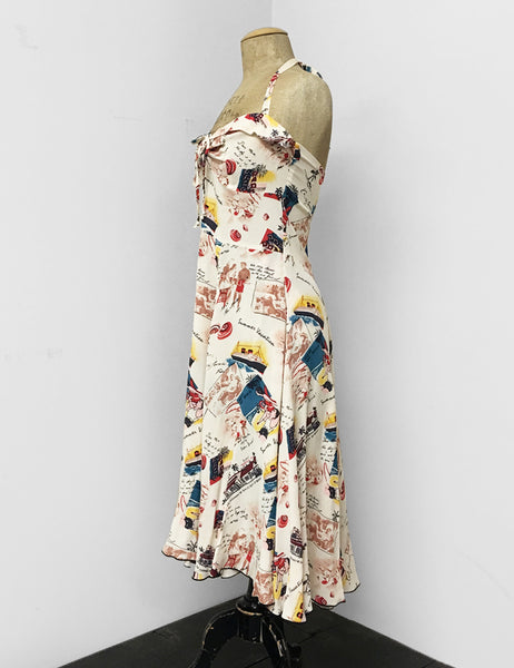 Ivory Vintage Summer Vacation Postcard Print 1940s Marta Halter Swing Dress