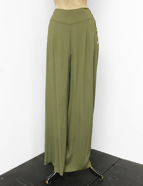 Solid Olive Green 1940s Style High Waisted Palazzo Pants