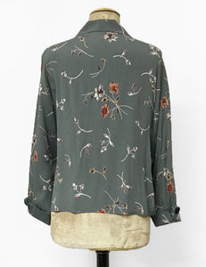 Silver Bouquet Floral 1940s Style Button Up Hepburn Blouse