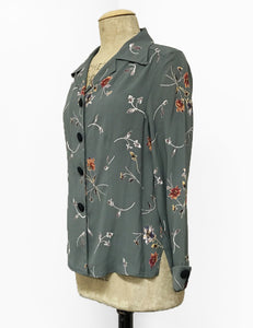 Silver Bouquet Floral 1940s Style Button Up Hepburn Blouse