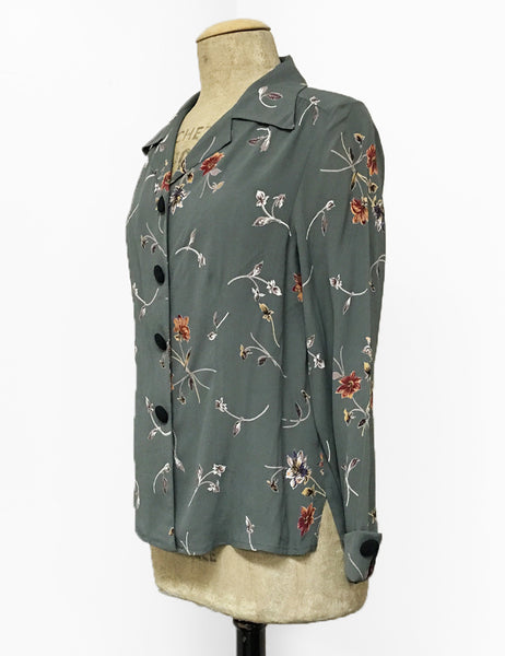 Silver Bouquet Floral 1940s Style Button Up Hepburn Blouse