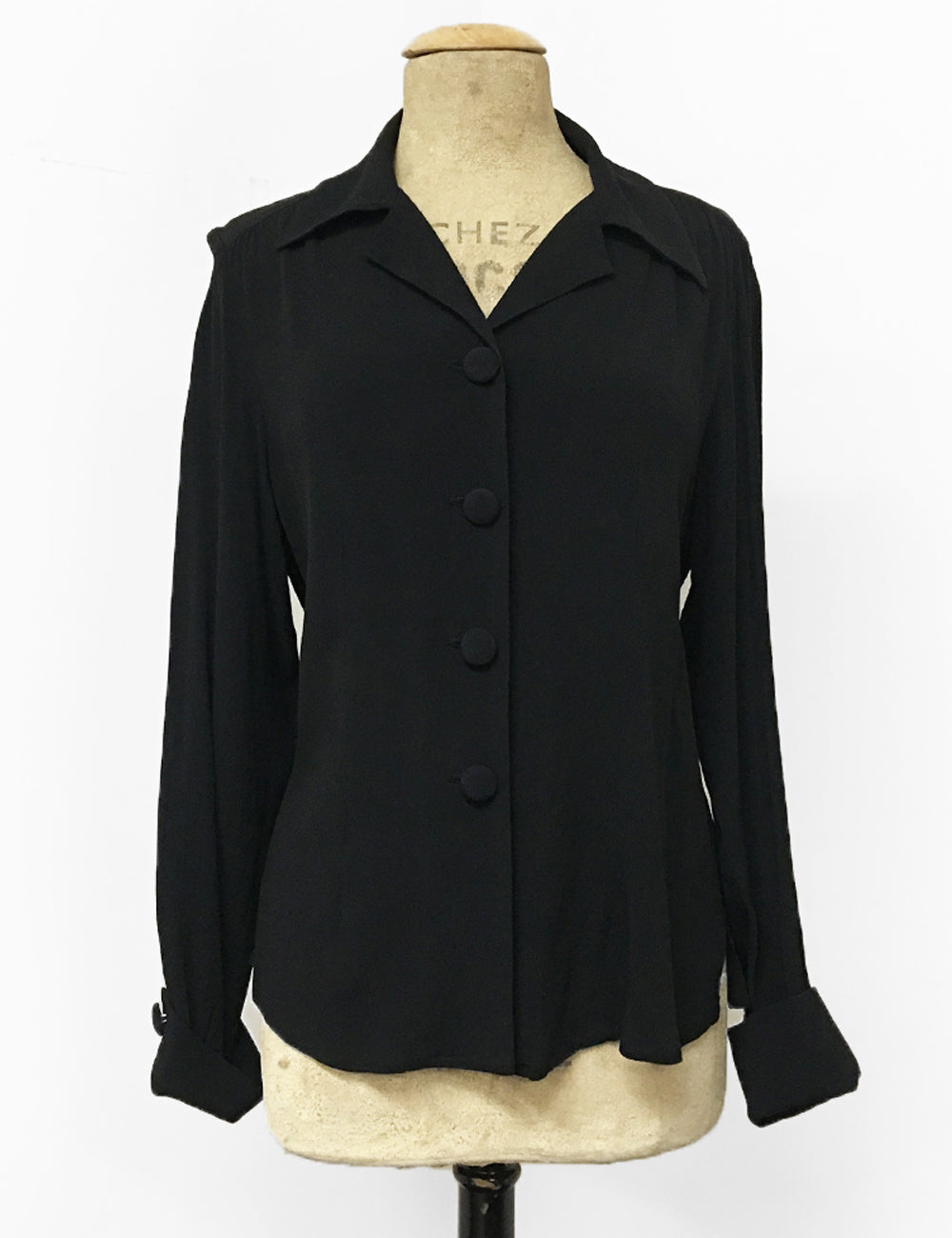Solid Black 1940s Style Button Up Hepburn Blouse